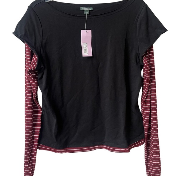 wild fable Tops - Wild Fable Long Sleeve Layered T Shirt Top Womens Large Black Burgundy Stripes